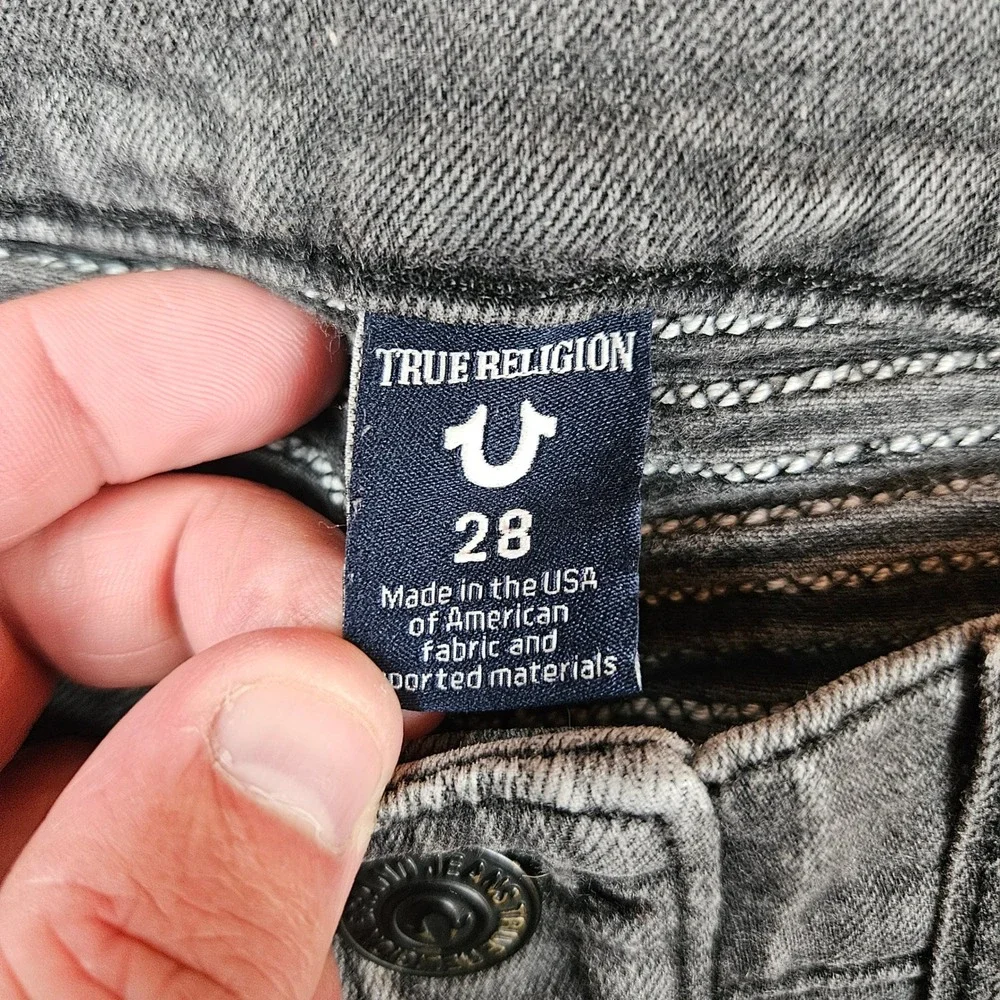 True Religion Rocco Relaxed Skinny Moto Biker Jeans Gray Acid Wash Size 28